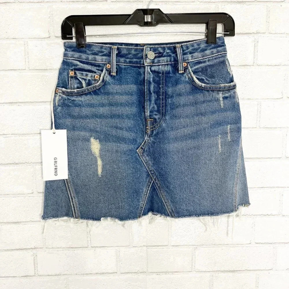 Grlfrnd The Eva Short A Line Denim Skirt 100% Cotton Women's Waist Size 24 NWT